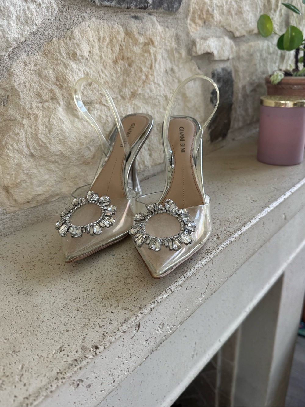 Gianni Bini Clear PVC Pointed Toe Slingback Heels with Crystal Medallion - Nude - Picture 5 of 5